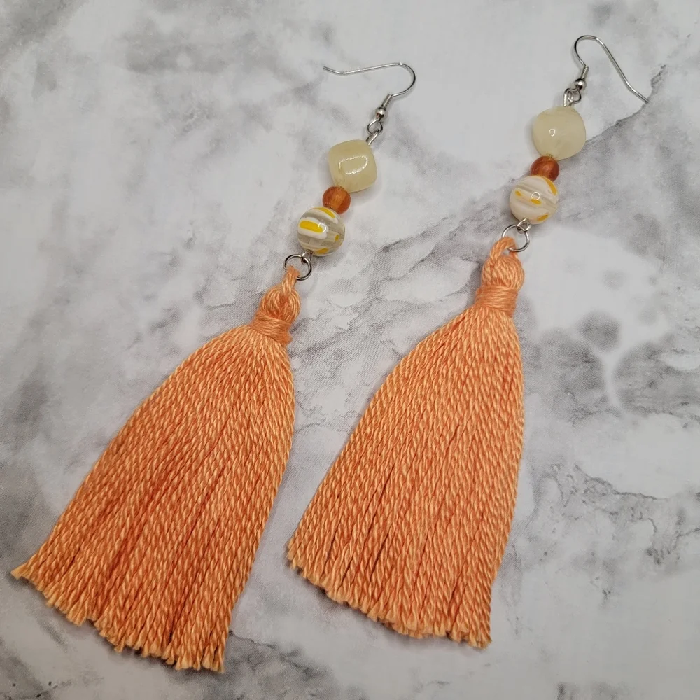 Handmade Tassel Earrings Peach Yellow Orange Glass Bead Boho Hippie Chic